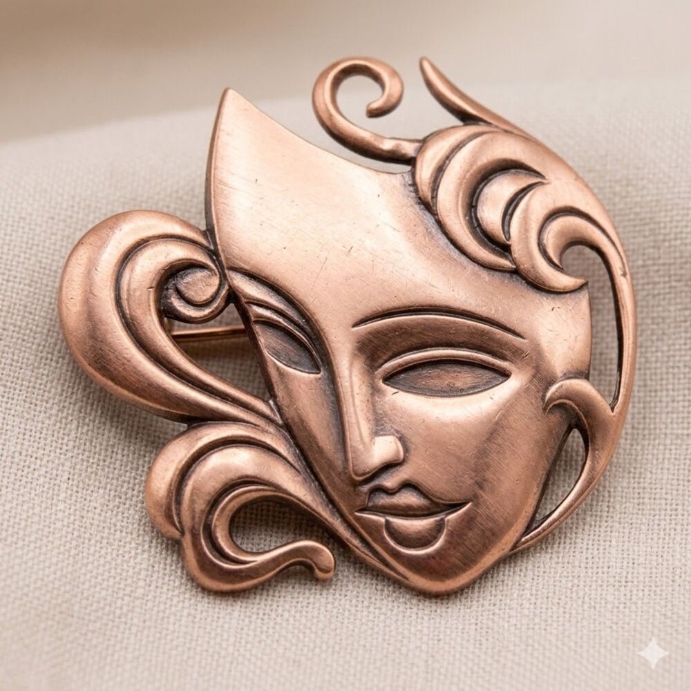 Vintage Style Copper Rose Gold Masquerade Mask Brooch Pin Gift Box 1.5"